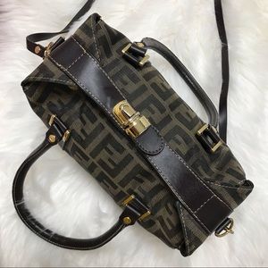 FENDI Zucca Monogram Canvas & Brown Leather 2-Way Boston Bag
